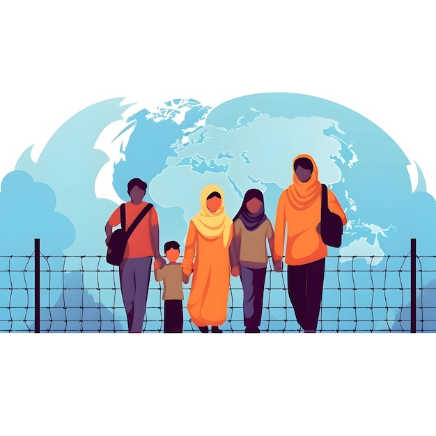 Foto foto wereldvluchtelingendag internationale immigratieconcept illustratie van een familie die naar een vluchtelingenkamp gaat