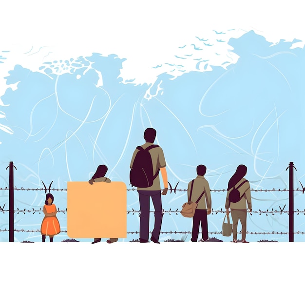 Foto Wereldvluchtelingendag Internationale immigratieconcept illustratie van een familie die naar een vluchtelingenkamp gaat