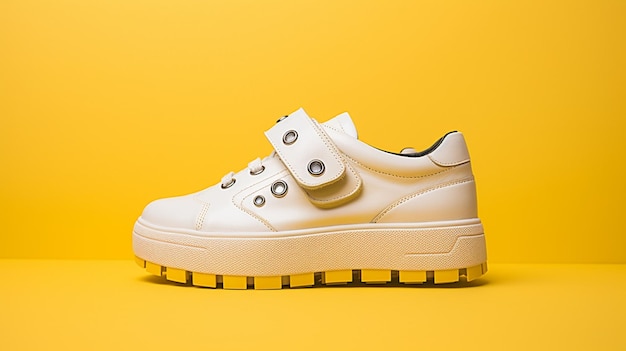 Foto witte leren sneakers met sluitingen op geel