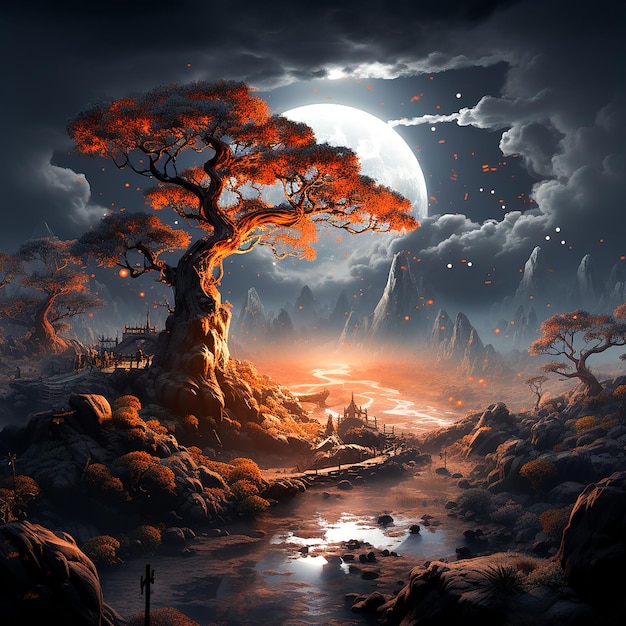 Foto wolken bomen sterren maan fantasie ontwerp beeld ai gegenereerde kunst