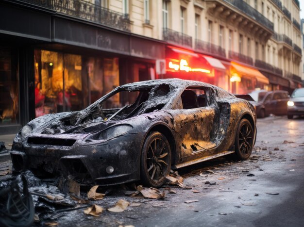 Foto wrak verbrandde auto in een stadsstraat