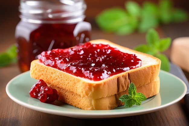 Foto zelfgemaakt volkoren brood met aardbeien jam en verse aardbeien Ai gegenereerd