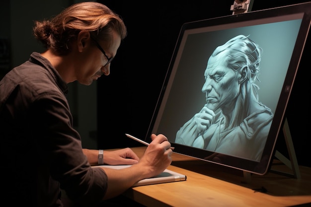 foto zijweergave man tekent op tablet