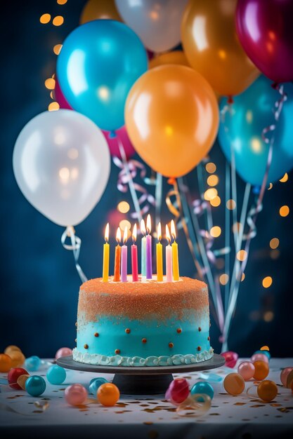 Foto foto zone verjaardag feestviering achtergrond ballonnen en taart confetti