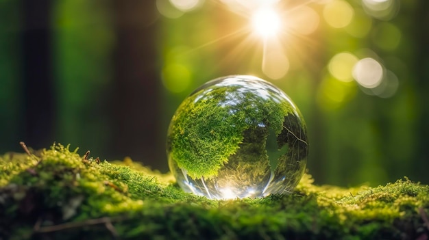 Foto zonlicht met aardebol kristal of duurzaam bolglas op groene mos natuur achtergrond in ecologie milieu bos concept van boombehoud milieu planeet eco generat ai