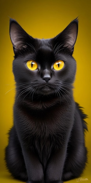 foto zwarte kat met gele ogen kijkend naar de camera met een wazig beeld