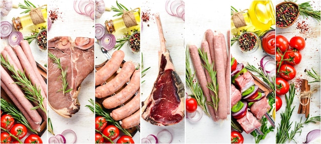 Fotobanner. Fotocollage, barbecue, rauwe steaks en vlees. Op een witte houten achtergrond.