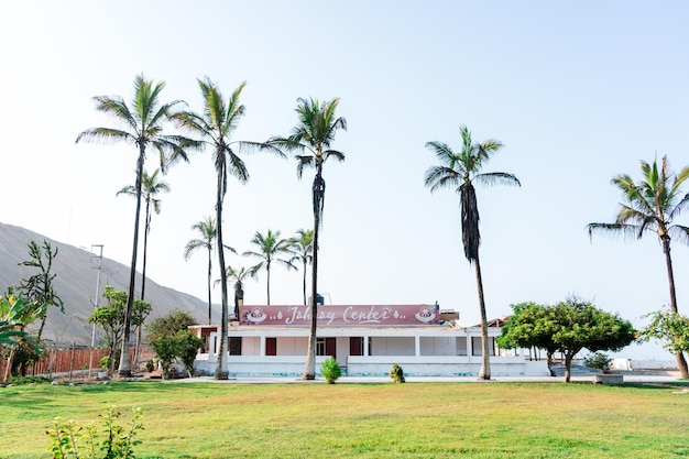 fotoboek van een strandhuis met palmbomen aan de kust van Peru