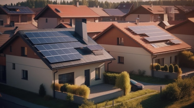 Fotocollage van een modern dorp met fotovoltaïsche zonnepanelen op de daken van huizen