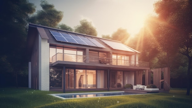 Fotocollage van fotovoltaïsche zonnepanelen op het rode dak van een huis en een mooie lucht met de