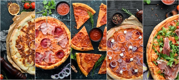 Fotocollage van heerlijke pizza Set pizza met kaas, salami, spek en groenten Voedselbanner