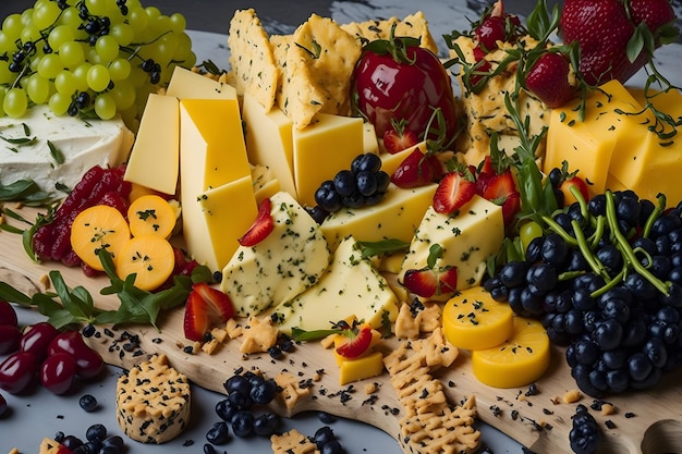 Fotofeest Een weelderige maximalistische tafel met kaas, fruit en crackers