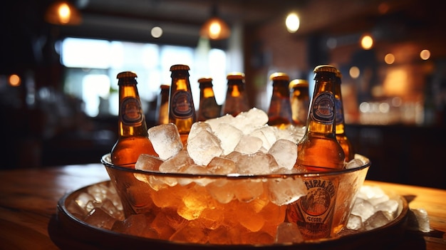 fotoflessen met bier koelen in een emmer met ijs gegenereerd door AI