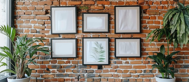 Foto fotoframes gerangschikt in een collage van zes op een bakstenen muur voor decoratieve doeleinden