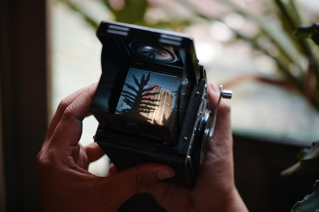 Foto fotograaf controleert landschapsfoto's