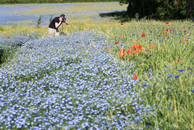 Foto fotograaf fotografeert bloemenveld door middel van een camera