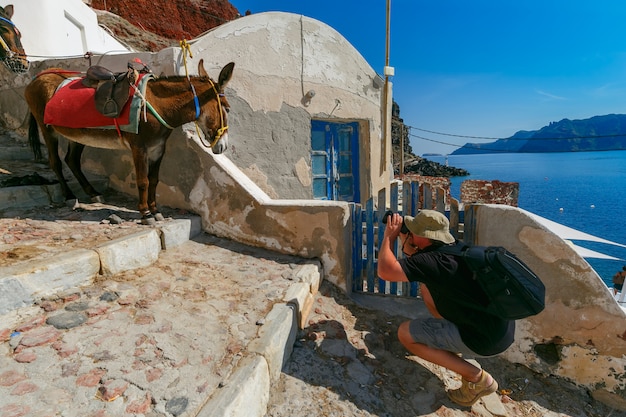 Fotograaf maakt foto ezel, Oia, Santorini