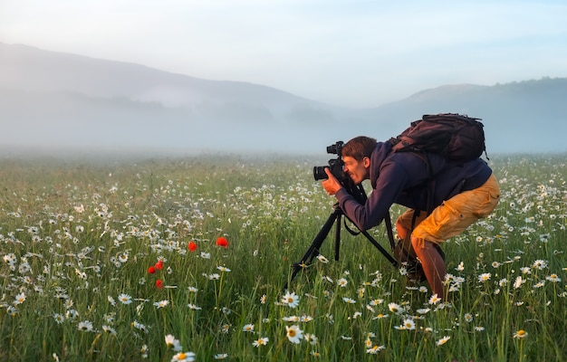 Fotograaf maakt foto's van een veld met kamilles tijdens zonsopgang