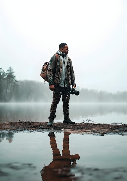 Fotograaf met camera en rugzak staat bij een mistig meer en reflecteert op het wateroppervlak een rustige buitenscène