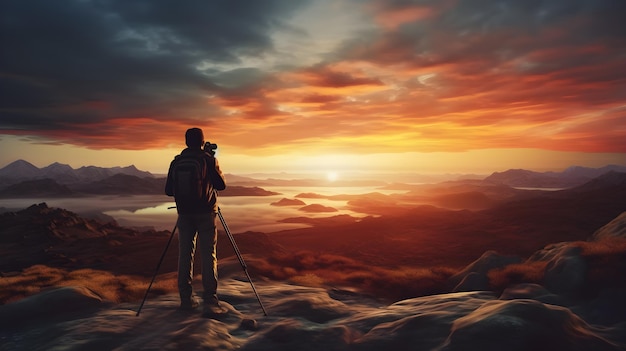 Fotograaf met camera en statief die een prachtig landschap van de natuur vastlegt Groene zonsonderganghemel