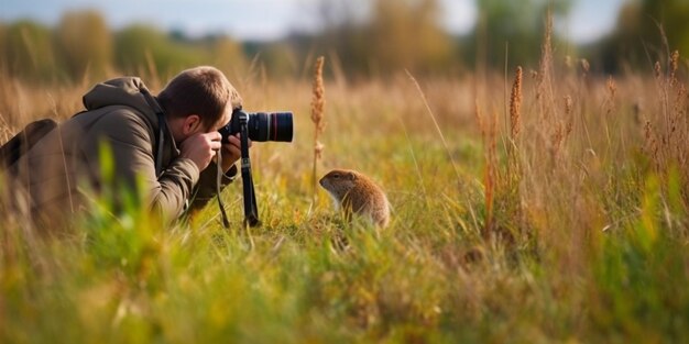 Foto fotograaf met camera kijkt naar gopher