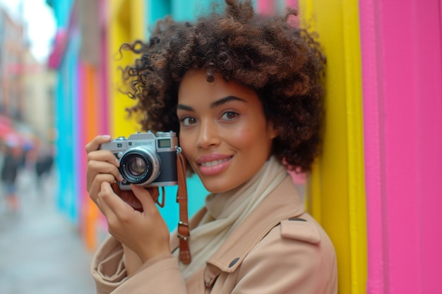 Fotograaf professionele camera hand geschoten paparazzi media film technologie model focus dynamische pose kleurrijke vrolijke gelukkige zonnige mooi mooi apparaat