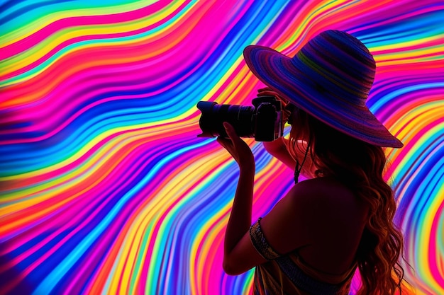 Fotograaf professionele camera hand geschoten paparazzi media film technologie model focus dynamische pose kleurrijke vrolijke gelukkige zonnige mooie mooie apparaat