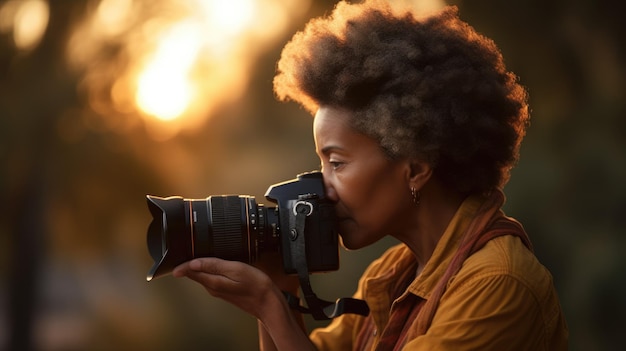 Fotograaf Vrouw Afro-Amerikaans Jaren 50 Foto's maken op locatie in Buitenlocatie Generatieve AI AIG22