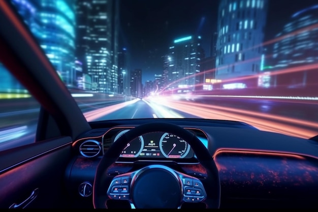 Fotografeer de binnenkant van de auto bij hoge snelheid schilderen met licht Generatieve AI