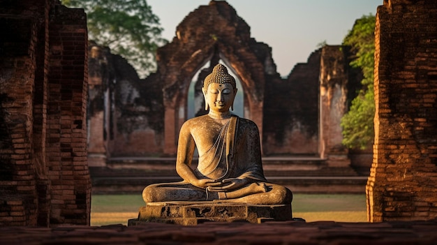 Fotograferen van het Boeddhabeeld bij de tempelruïnes van Sukhothai Thailand GENERATE AI