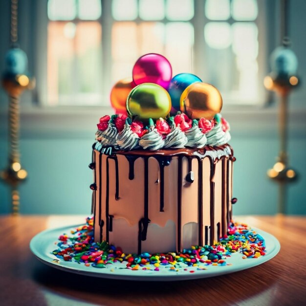 Fotografia de tarta de cumpleanos con varias velas encendidas y globos de fiesta de colores