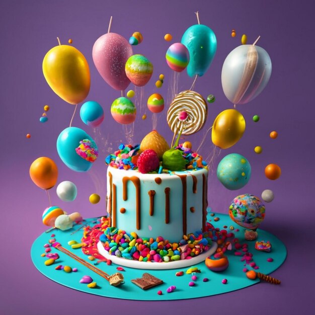 Fotografia de tarta de cumpleanos con varias velas encendidas y globos de fiesta de colores