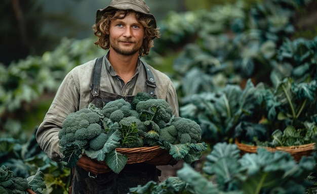 Фотография Портрет молодого фермера с корзиной капусты в своем саду
