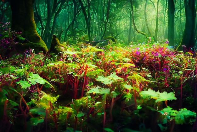 Fotografie close-up Magisch bos met levendige gloeiende planten