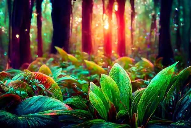 Fotografie close-up Magisch bos met levendige gloeiende planten