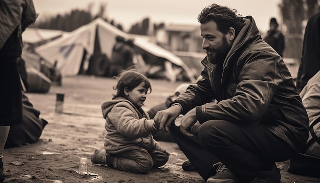 Foto fotografie jonge maatschappelijk werkers die met vluchtelingen omgaan