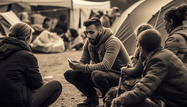 fotografie jonge maatschappelijk werkers die met vluchtelingen omgaan