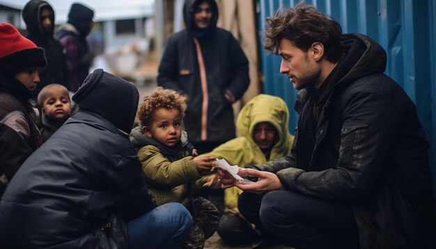 fotografie jonge maatschappelijk werkers die met vluchtelingen omgaan