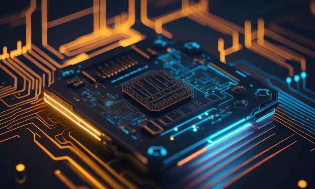 Fotografie van componenten van cybercircuitboards met een microchip met chipstructuur