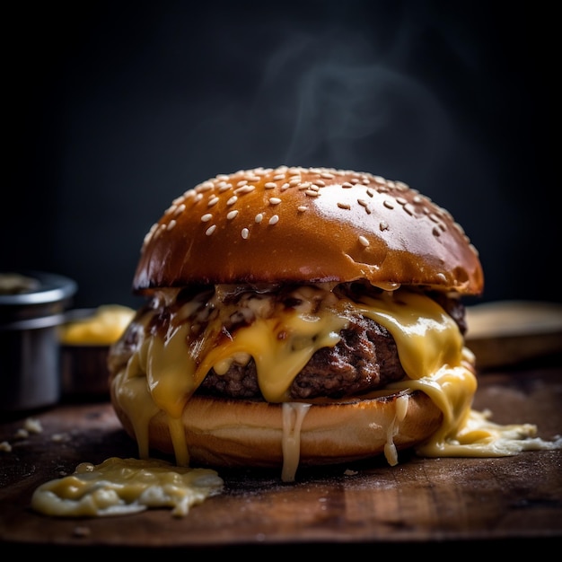 Fotografie van een gourmetburger gegarneerd met steak cheddar en knapperige sla