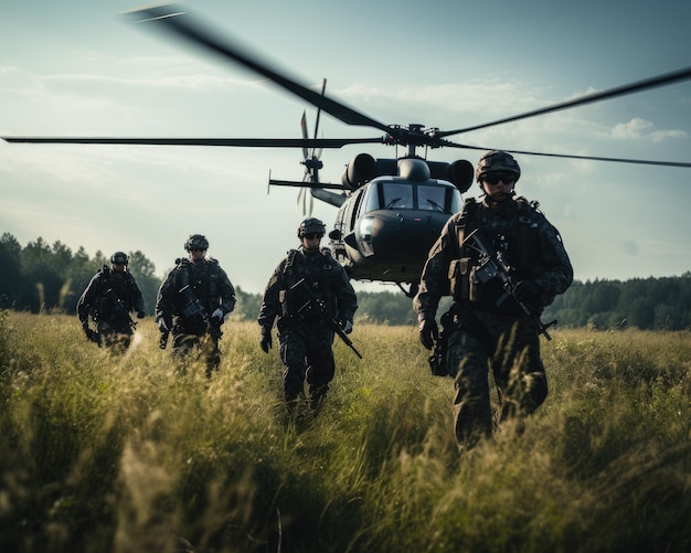 Foto fotografie van een groep soldaten in uniform met wapens die in de buurt van een helikopter lopen