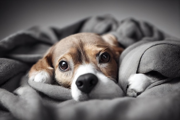 Foto fotografie van een kleine hond knuffelen in een zachte deken puppy hondje met schattige bruine snuit slapen onder warme lakens in koud herfst- of winterweer portret en close-up van een huisdier