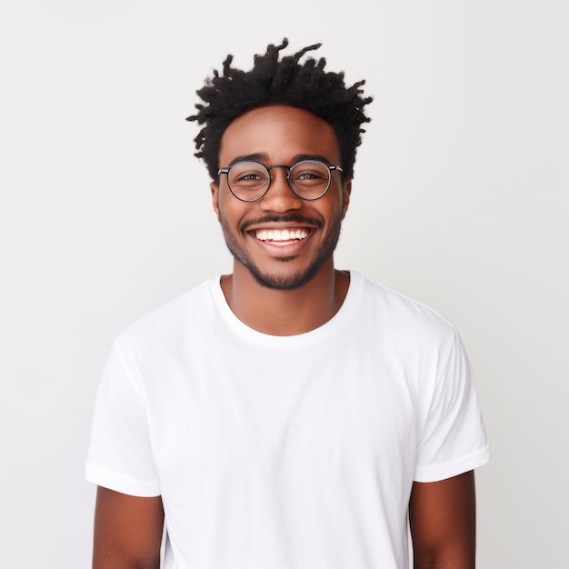 Fotografie van een knap glimlachende zwarte man met een bril en een wit t-shirt geïsoleerd op