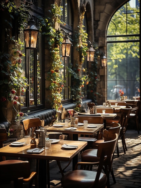 Fotografie van een openluchtcafé in het daglicht met gladde verlichting gegenereerd door AI