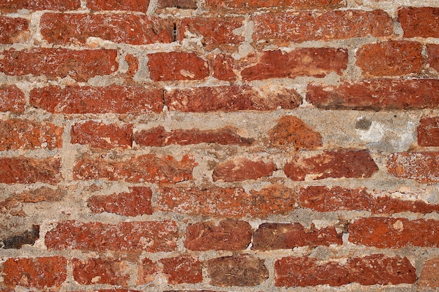 Fotografische textuur van oude rode bakstenen met cement op de achtergrond