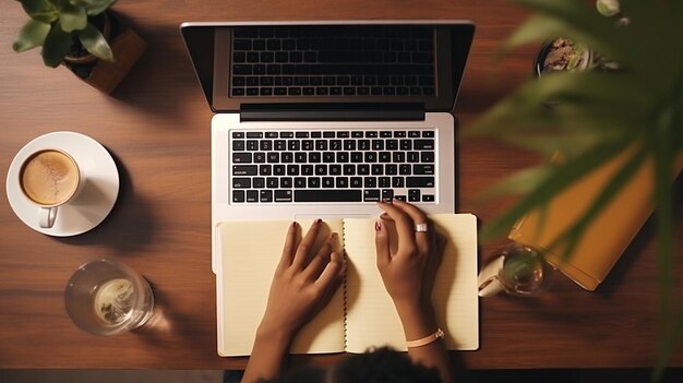 Foto fotohanden die in notitieboekje schrijven en op laptop typen