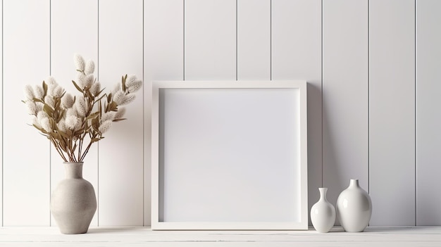 Fotolijst met een witte houten achtergrond en een leeg arrangement frontaal model met kopieergebied