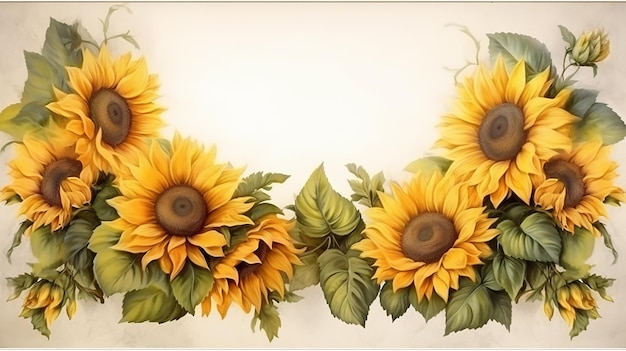 Foto fotolijst met zonnebloemen op randen lege tijdelijke aanduiding in het midden