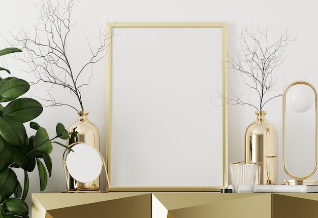 Fotolijstmodel op gouden tafel met plant en gouden decoratie in de woonkamer. 3D-rendering