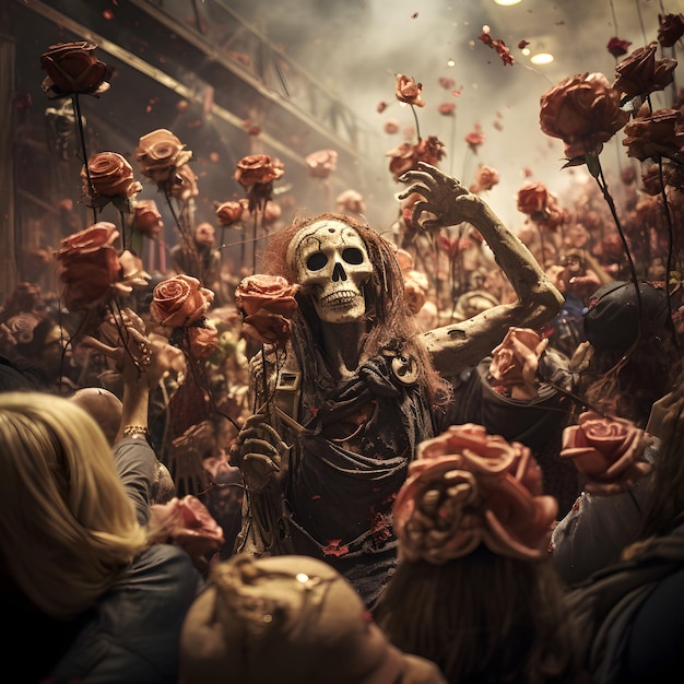 Fotomeisje met make-up van suikerschedel Calavera Catrina Dag van de Doden Halloween generatieve ai